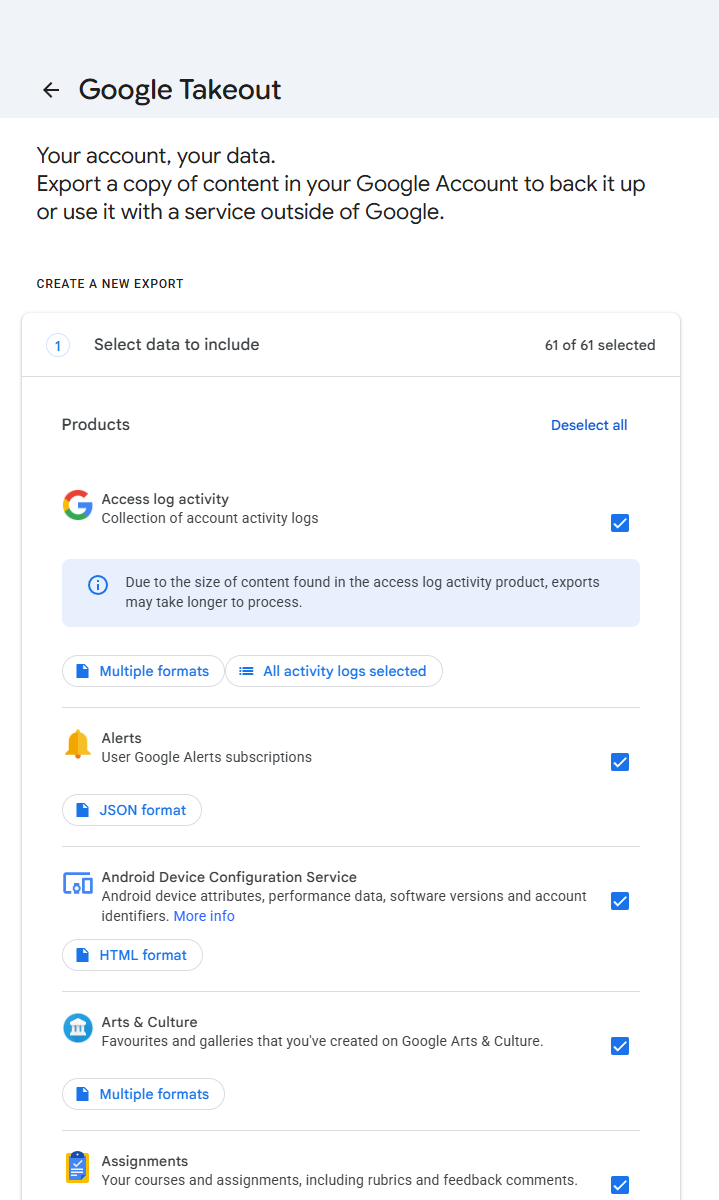 Google Takeout, stage 1 'Select data to include', showing 61 of 61 products selected and a format button under each one.