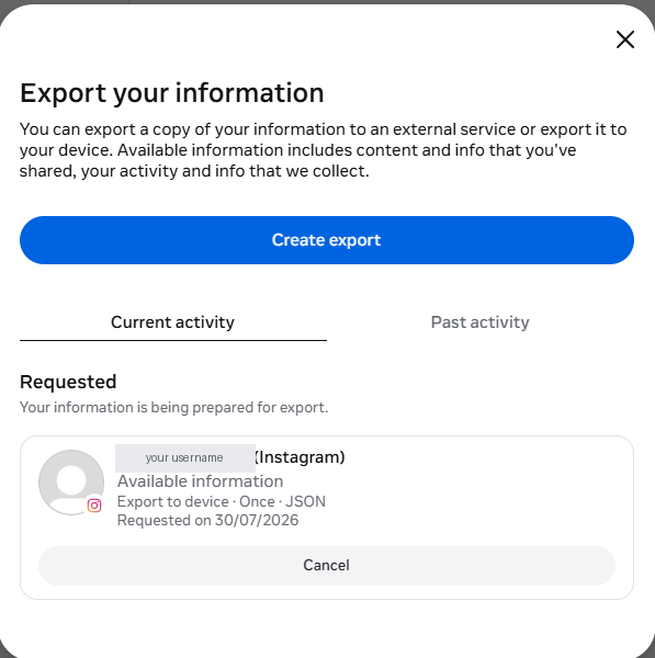 The same dialog after requesting, showing the request listed as 'Export to device, Once, JSON' with the date it was requested.