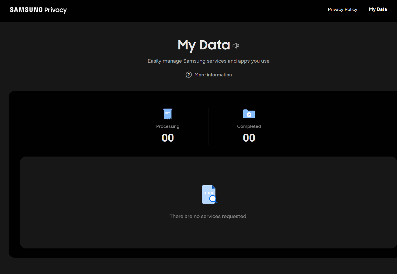 The Samsung Privacy My Data page, showing counters for Processing and Completed requests, both at zero, and 'There are no services requested.'