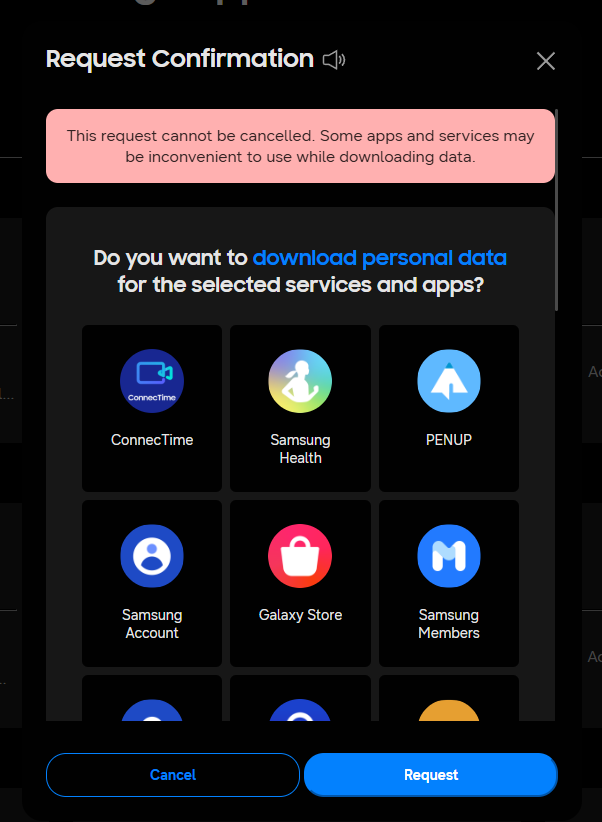 Samsung's Request Confirmation dialog, with a red warning that the request cannot be cancelled, above a grid of the selected apps.