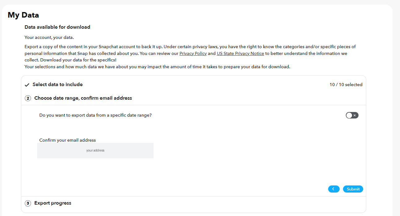 Stage 2 of the Snapchat export, with the date range set to All time and an email address field below it.