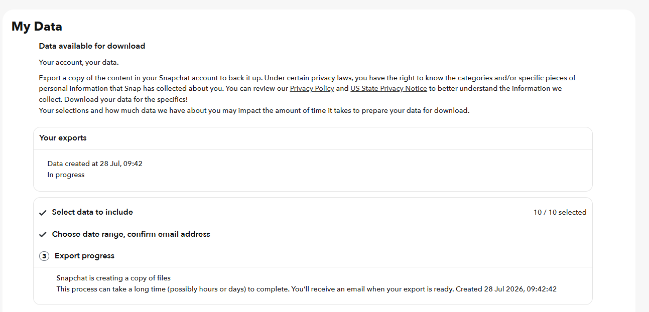 Stage 3 of the Snapchat export showing the request listed as In progress with a creation timestamp.